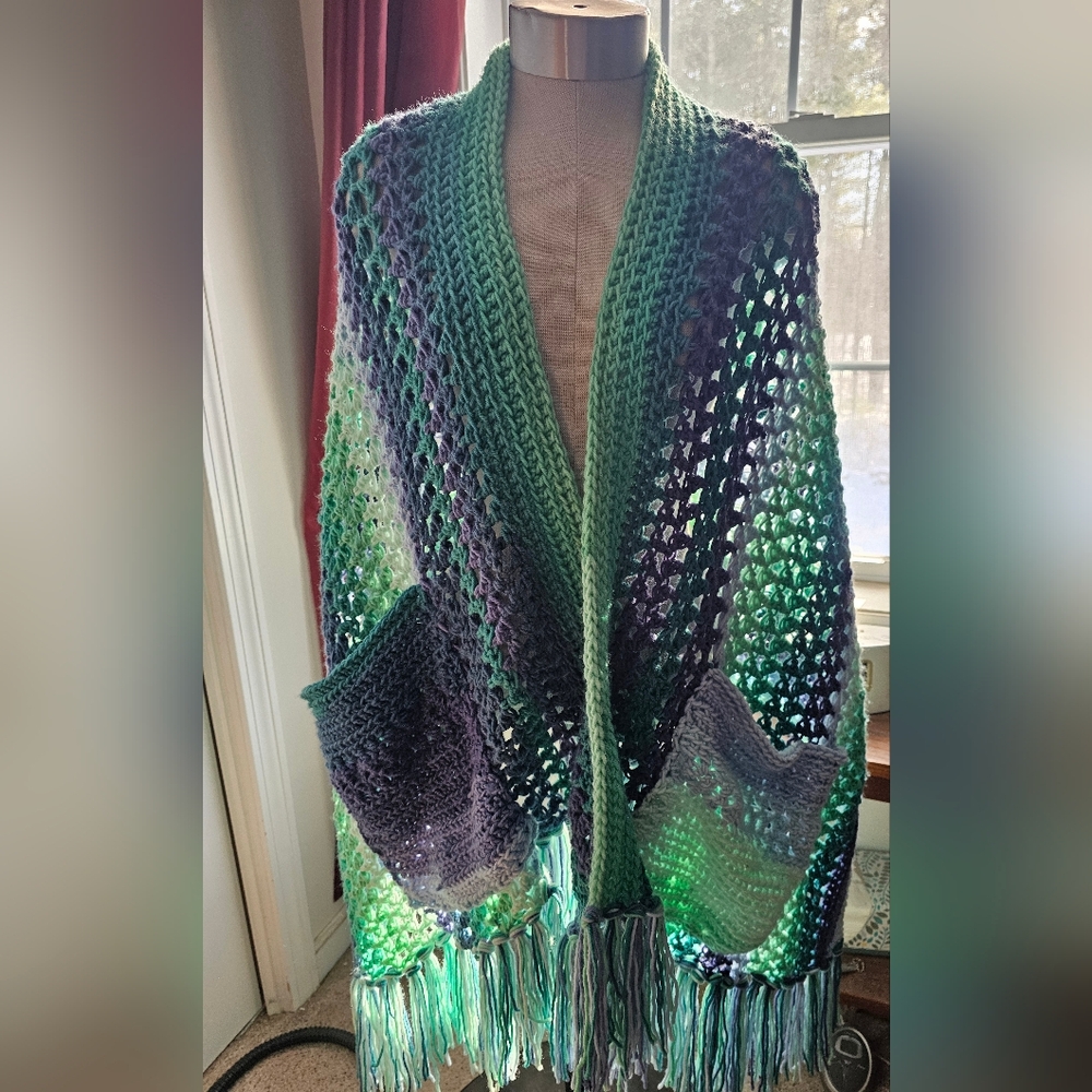 Multicolor Crochet Shawl with Pockets Fringe